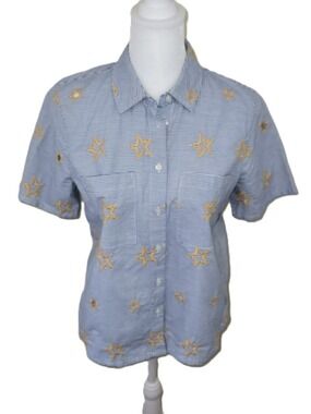 Madewell Button Up Star Shirt Blue & White Stripes Gold Stars Women's Size XS